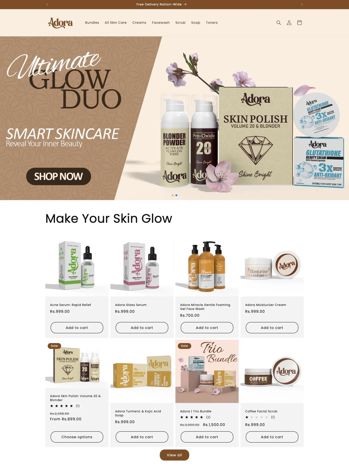 Adora homepage showing the hero and first sections
