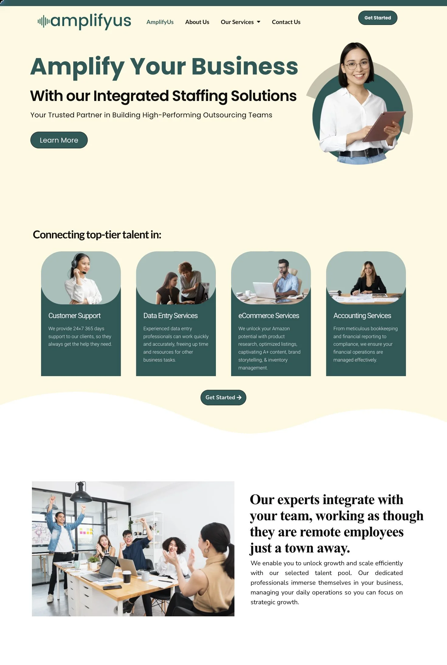 AmplifyUs homepage showing the hero and first sections