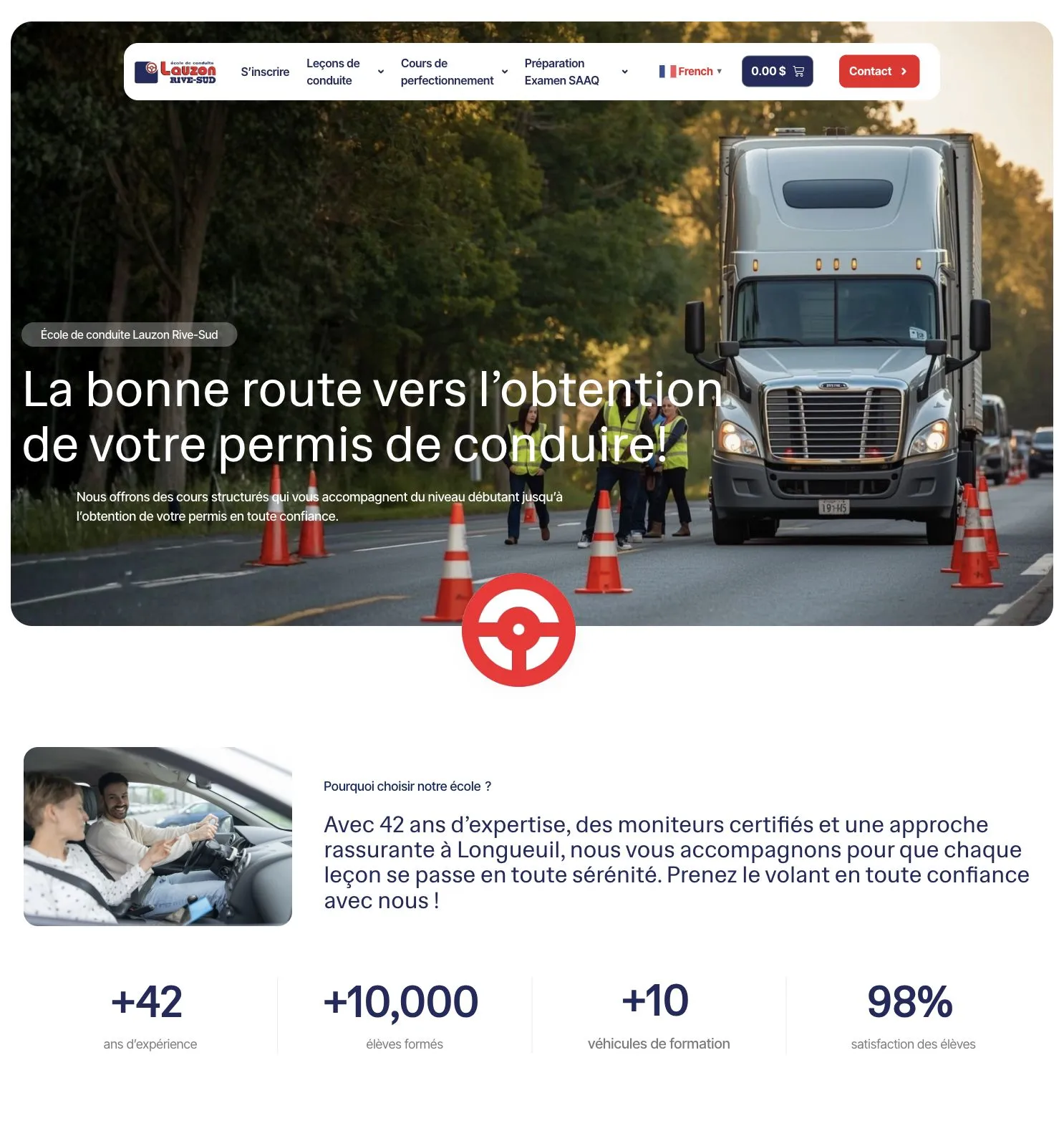 Lauzon Conduite homepage showing the hero and first sections