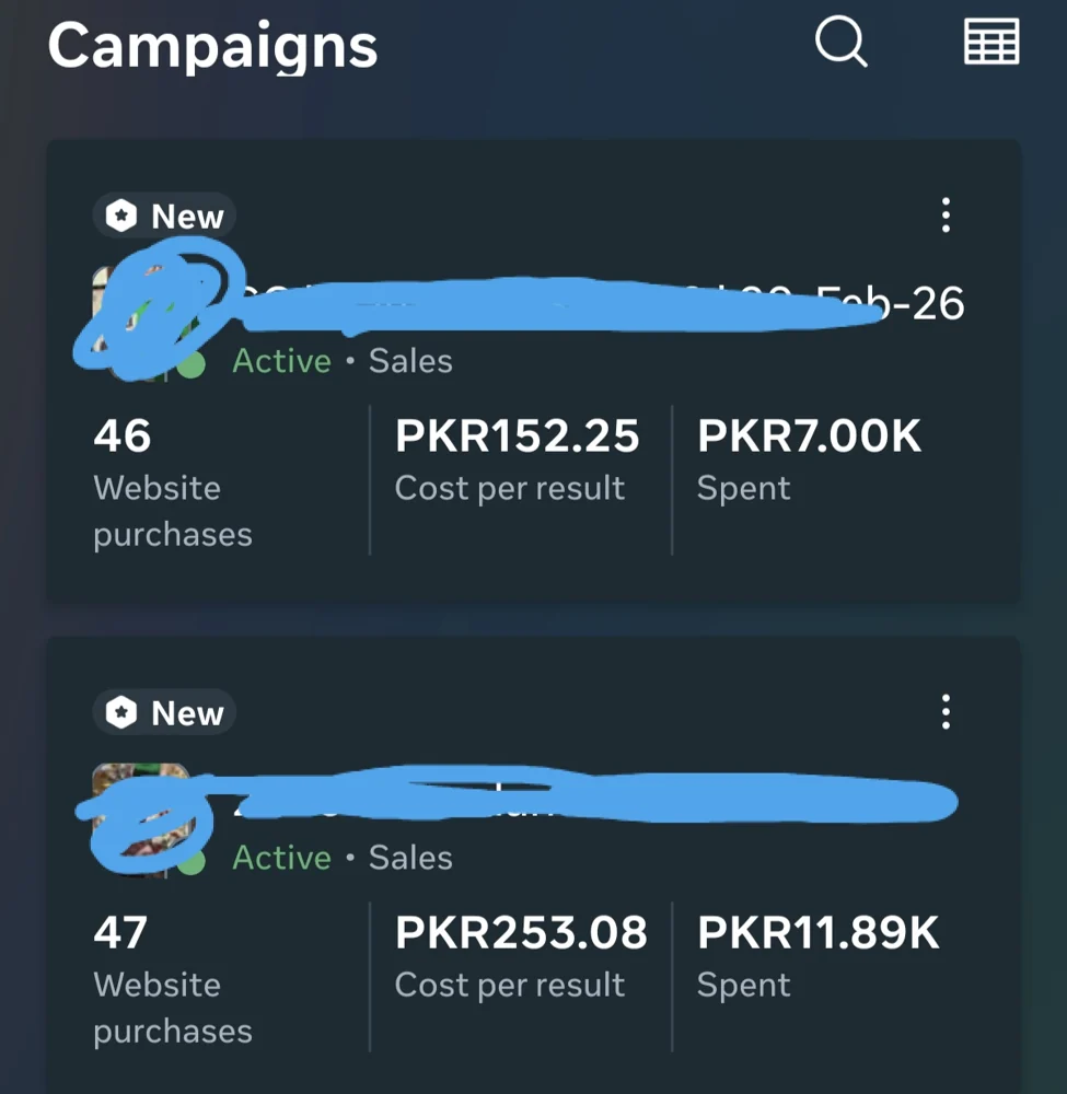 Meta Ads dashboard showing website purchase performance